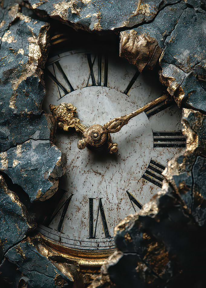 Cracked Clock Face with Roman Numerals