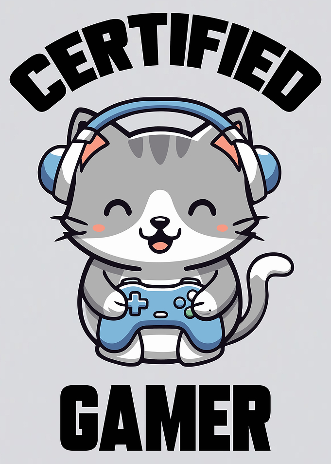 Certified Gamer Cat Cartoon Gaming