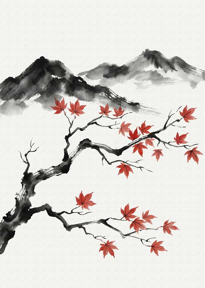 Japanese Ink Painting with Maple Leaves