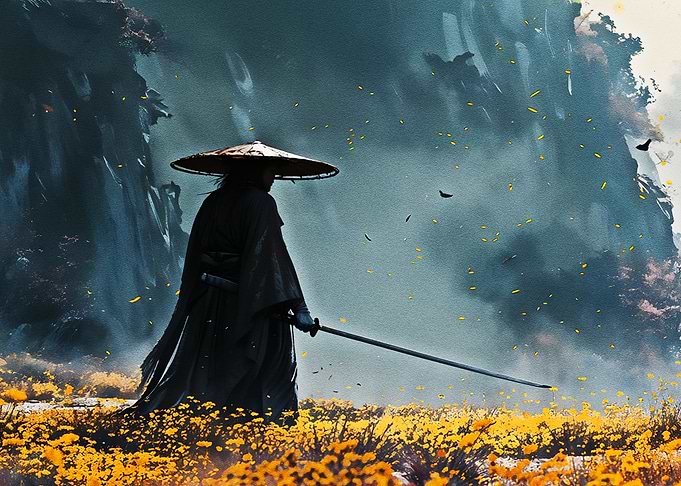 Samurai in a field of flowers