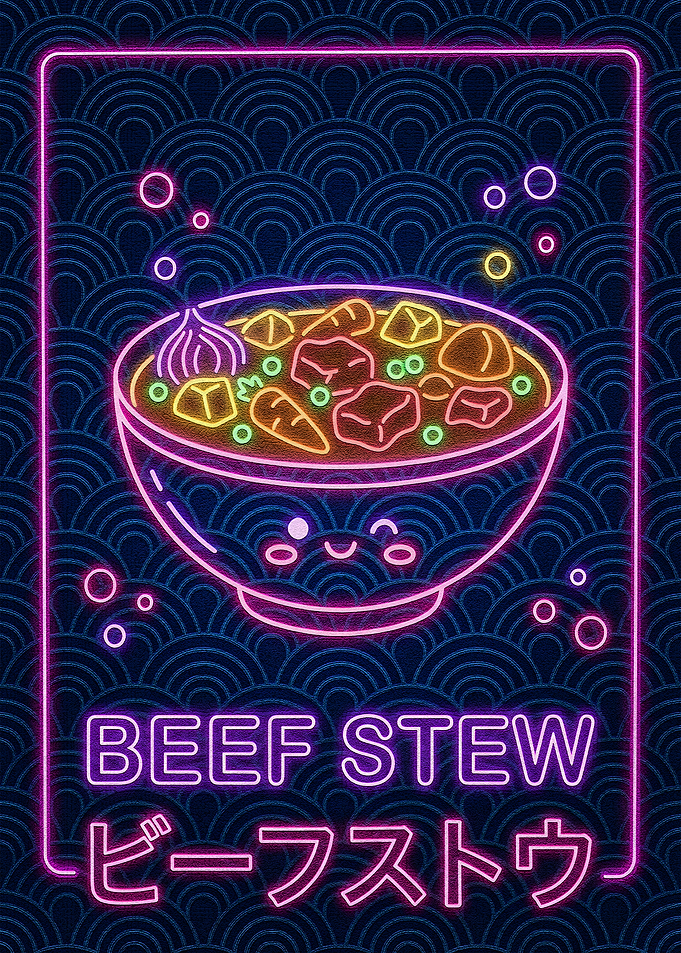 Neon Beef Stew Kawaii Illustration