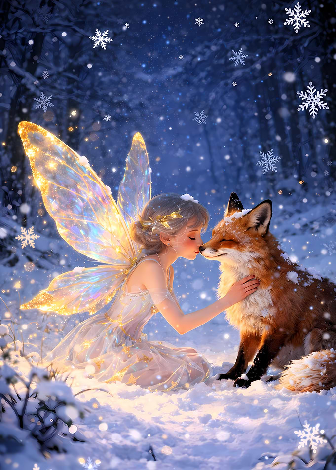 Winter Fairy with Fox in Snowy Forest
