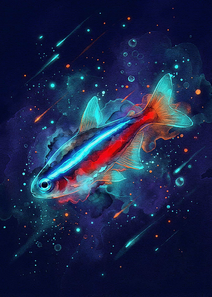 Neon Tetra Fish Watercolor Art