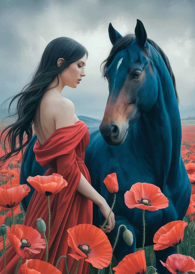 Woman and Horse in Poppy Field
