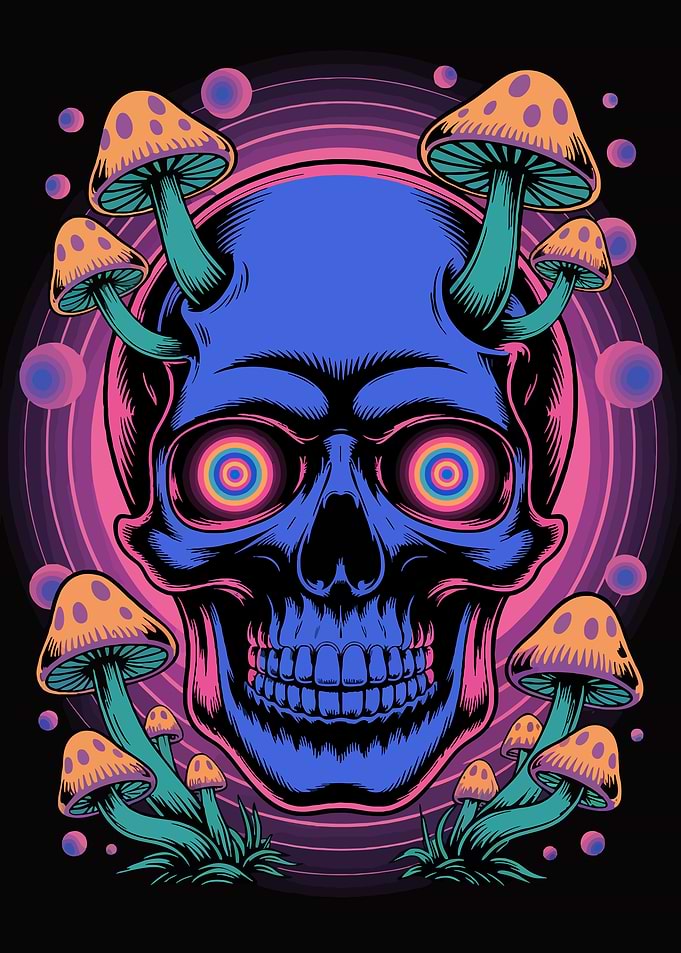 Psychedelic Skull with Mushrooms Illustration