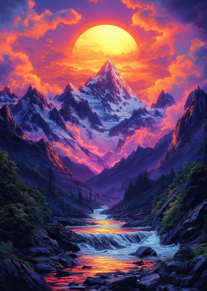 Mountain River Sunset Landscape