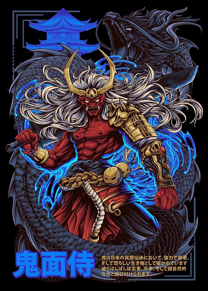 Onimen Samurai with Dragon and Temple