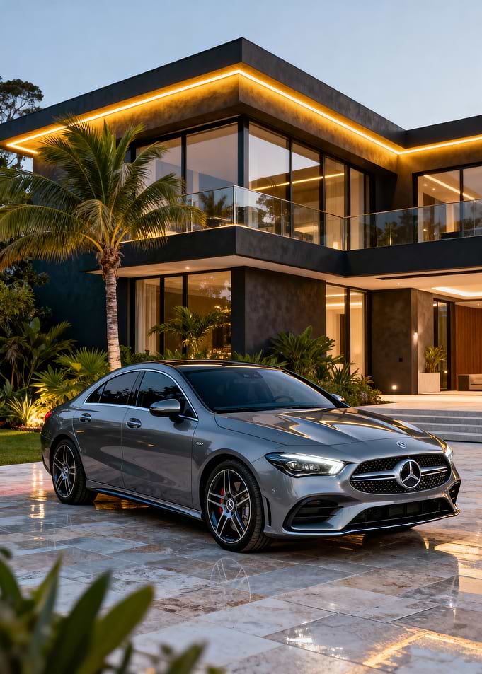 Mercedes-Benz in front of modern house