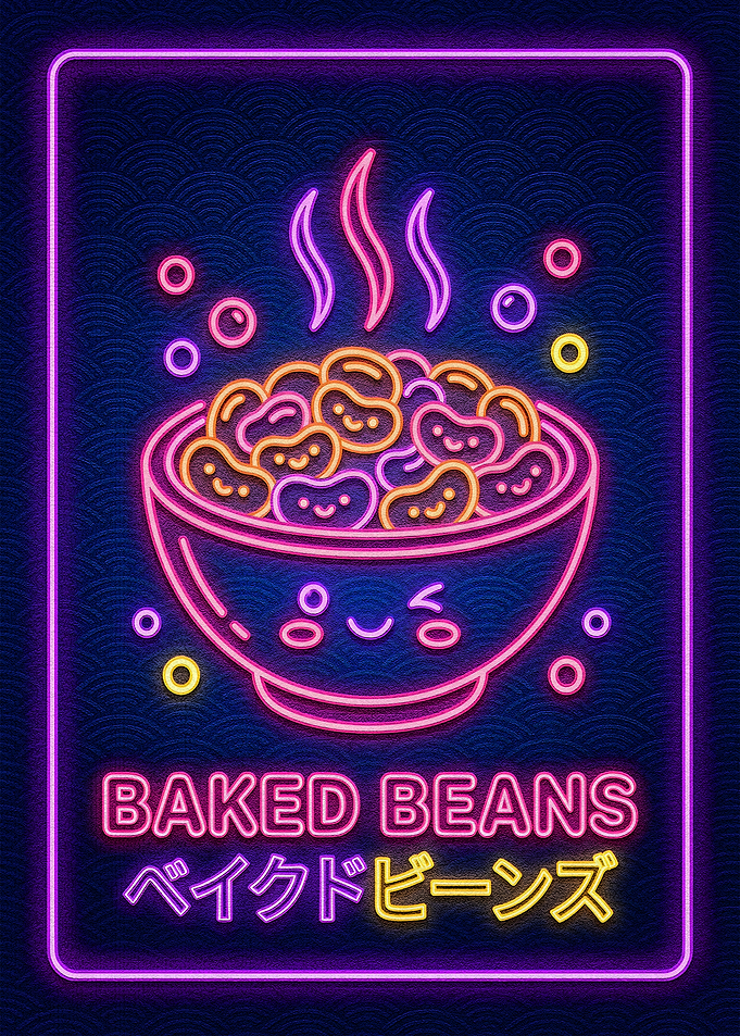 Neon Baked Beans Kawaii Illustration