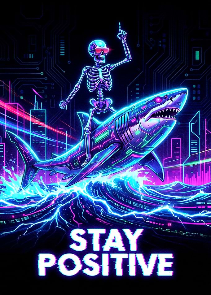 Cyberpunk Skeleton Riding Shark, Stay Positive