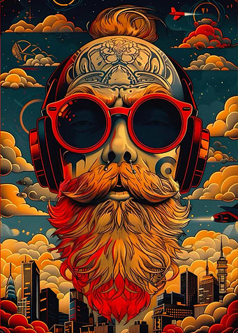 Bearded Man with Headphones and Cityscape