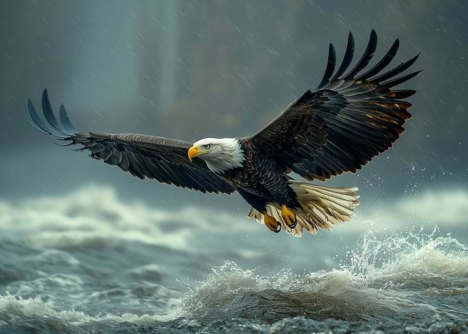 Bald Eagle Soaring Over Open Waters