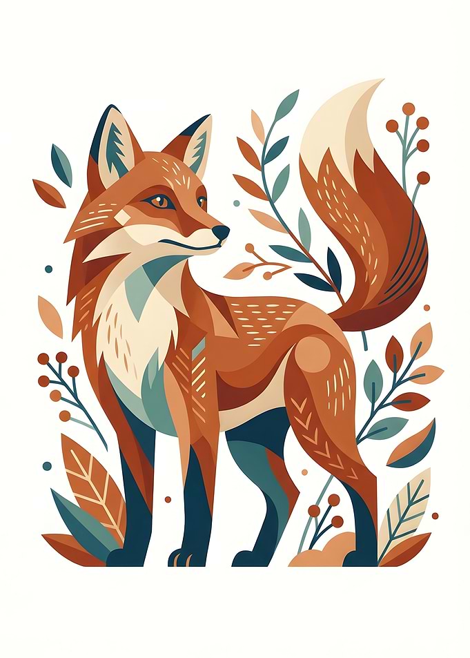 Geometric Fox Illustration with Floral Accents