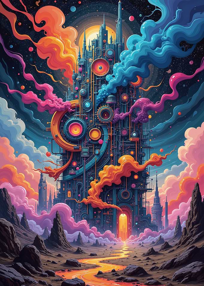 Surreal Steampunk Cityscape with Colorful Clouds