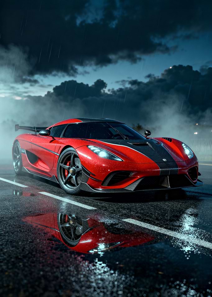 Red Koenigsegg Agera in the Rain