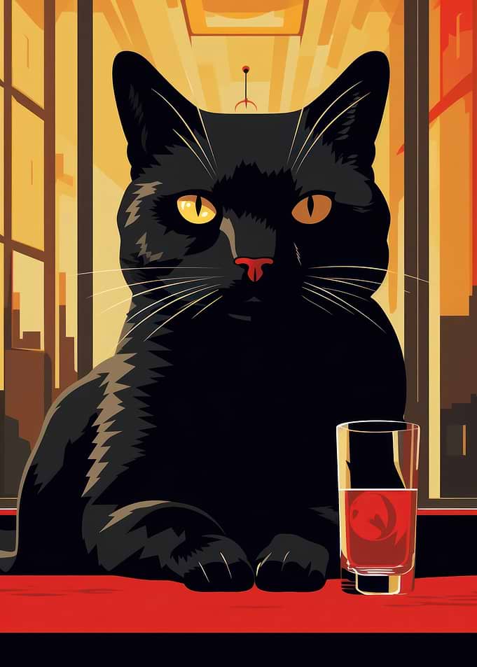 Black Cat with Drink in Cityscape