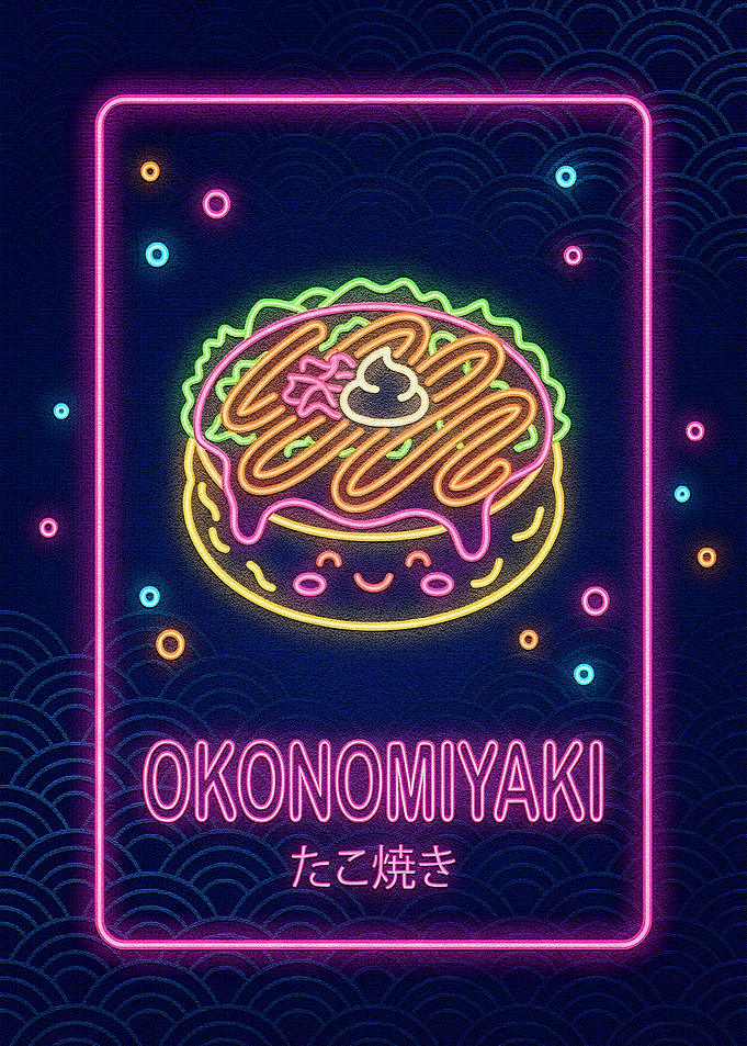 Neon Okonomiyaki Japanese Food Illustration