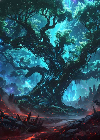 Mystical Tree in Volcanic Landscape