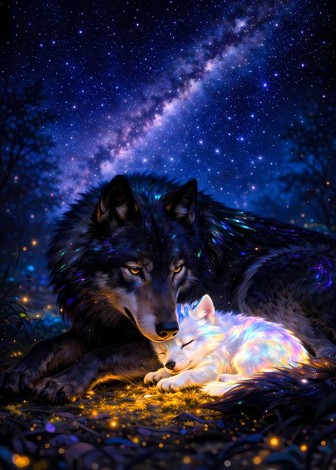 Wolf and Cub Under Starry Sky