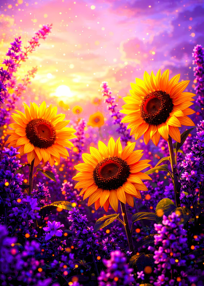 Sunflower field with lavender and sunset