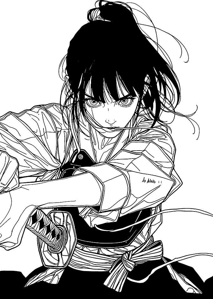 Anime Girl with Sword, Black and White