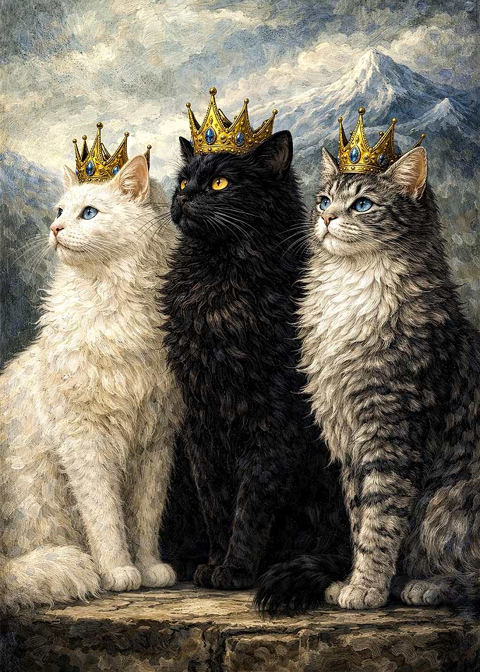 Three regal cats with crowns painting