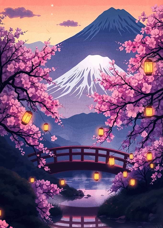 Mount Fuji Cherry Blossoms and Bridge