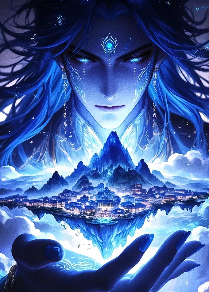 Blue Fantasy Cityscape with Guardian