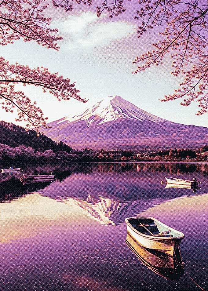 Mount Fuji with Cherry Blossoms and Boats