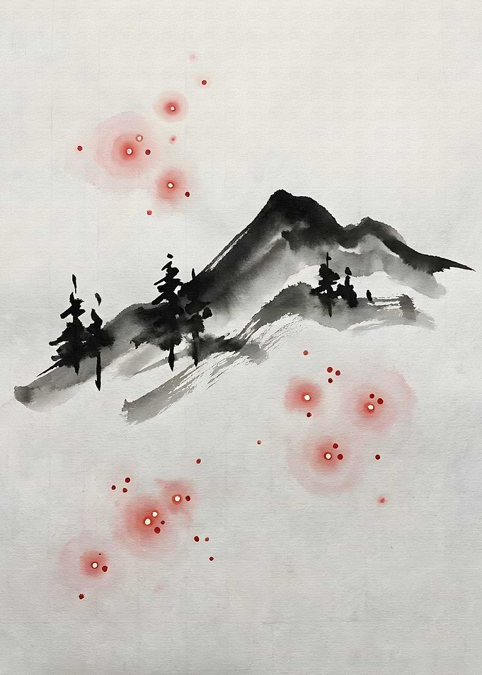 Ink Mountain Landscape with Red Lights