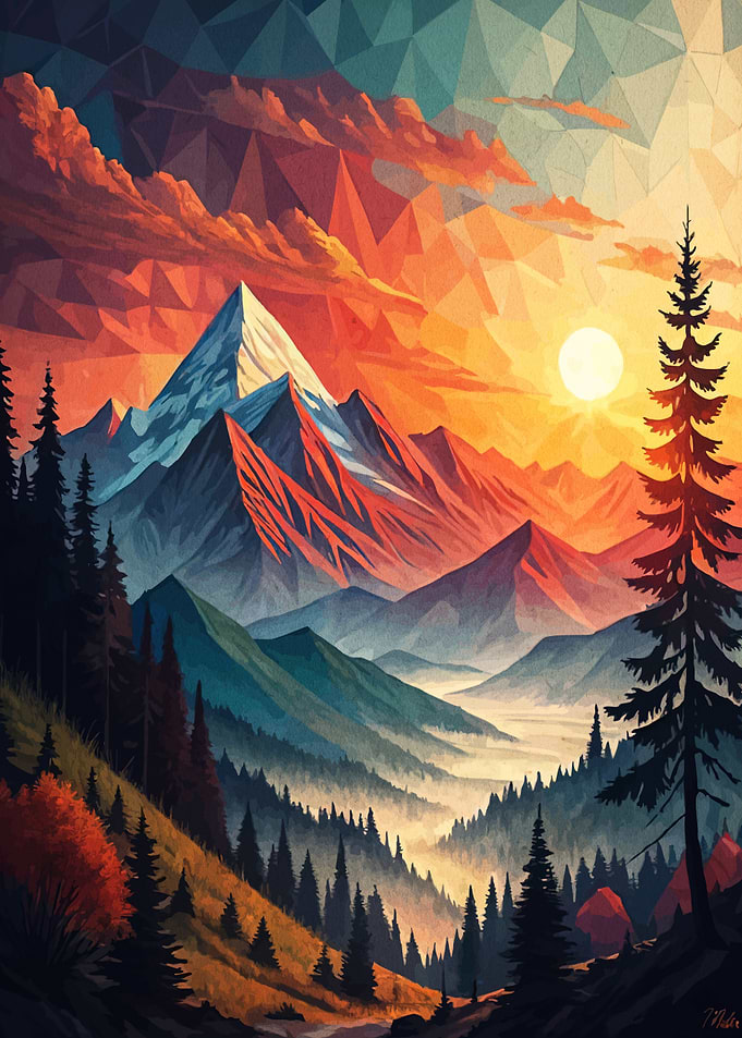 Geometric Mountain Landscape at Sunset