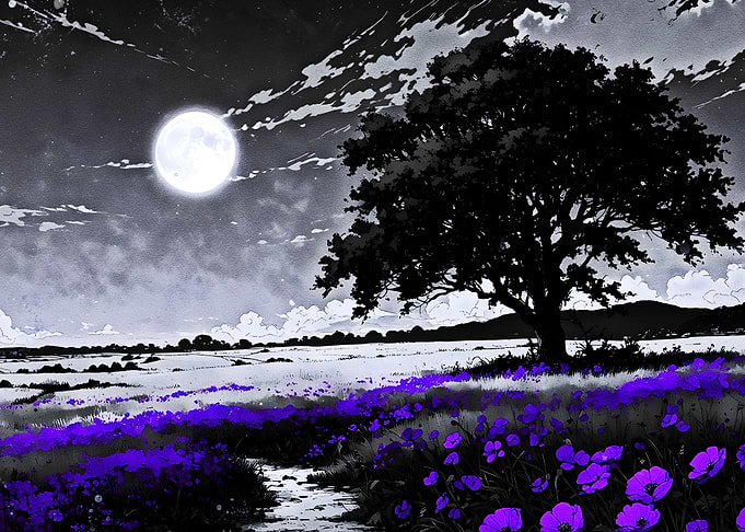 Monochrome Landscape with Purple Flowers