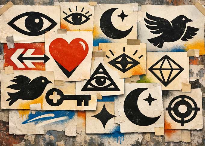 Symbol Collage on Weathered Wall