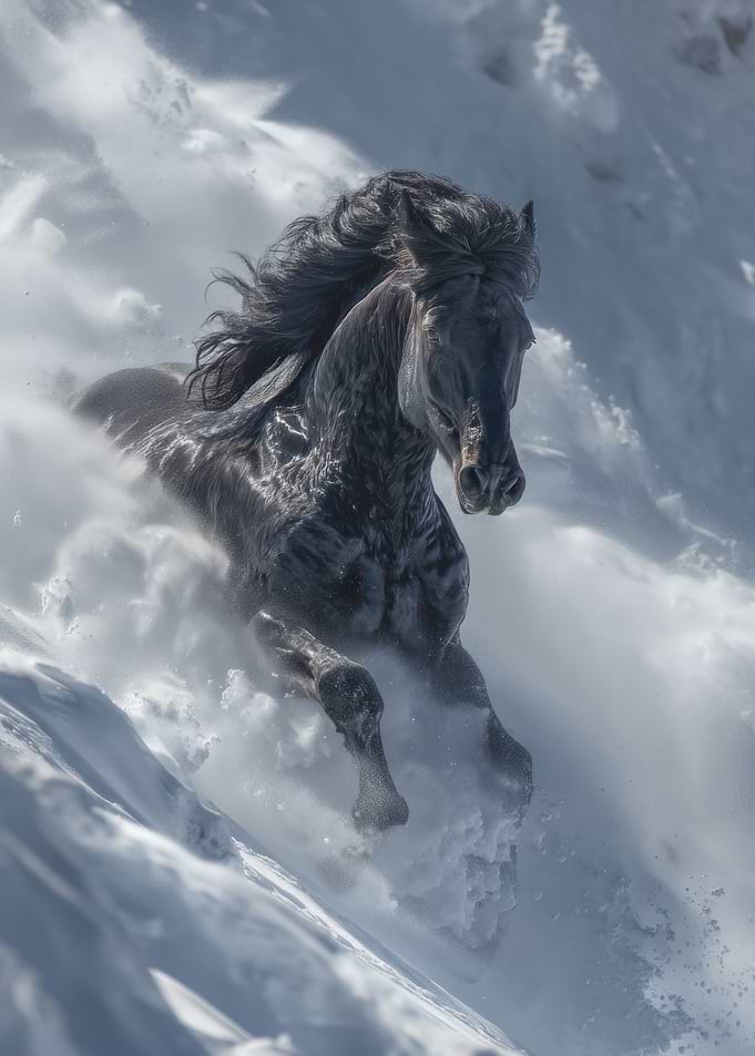 Black Horse Galloping Through Snow