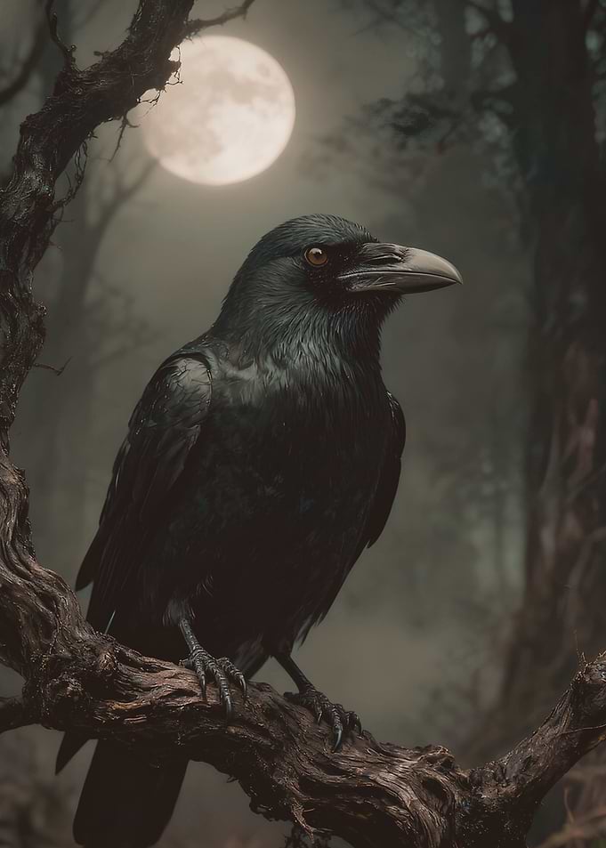 Raven Perched Under a Full Moon