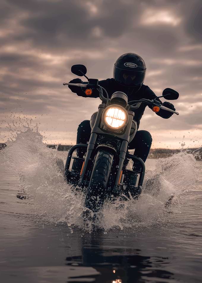Motorcycle riding through water at dusk