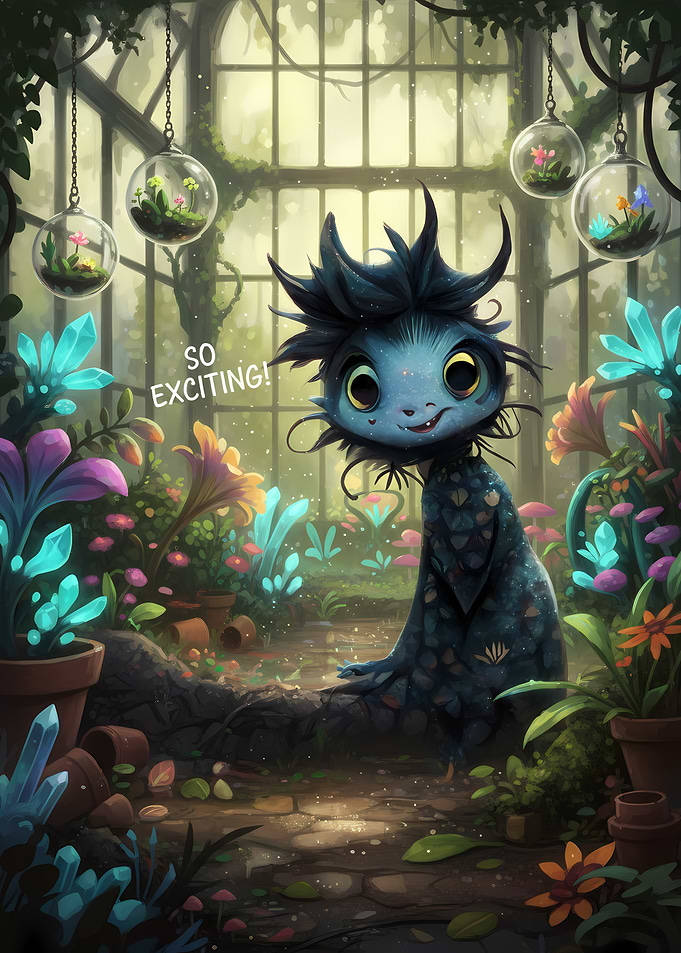 Excited Creature in a Lush Greenhouse