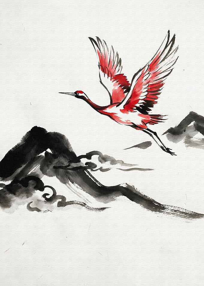 Crane in Flight over Mountains