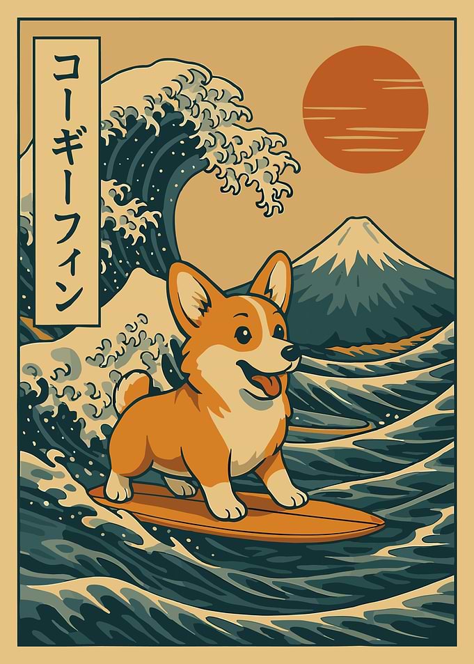 Surfing Corgi Ukiyo-e Poster, Japanese Wave Dog Art Print, Cute Surf Wall Decor