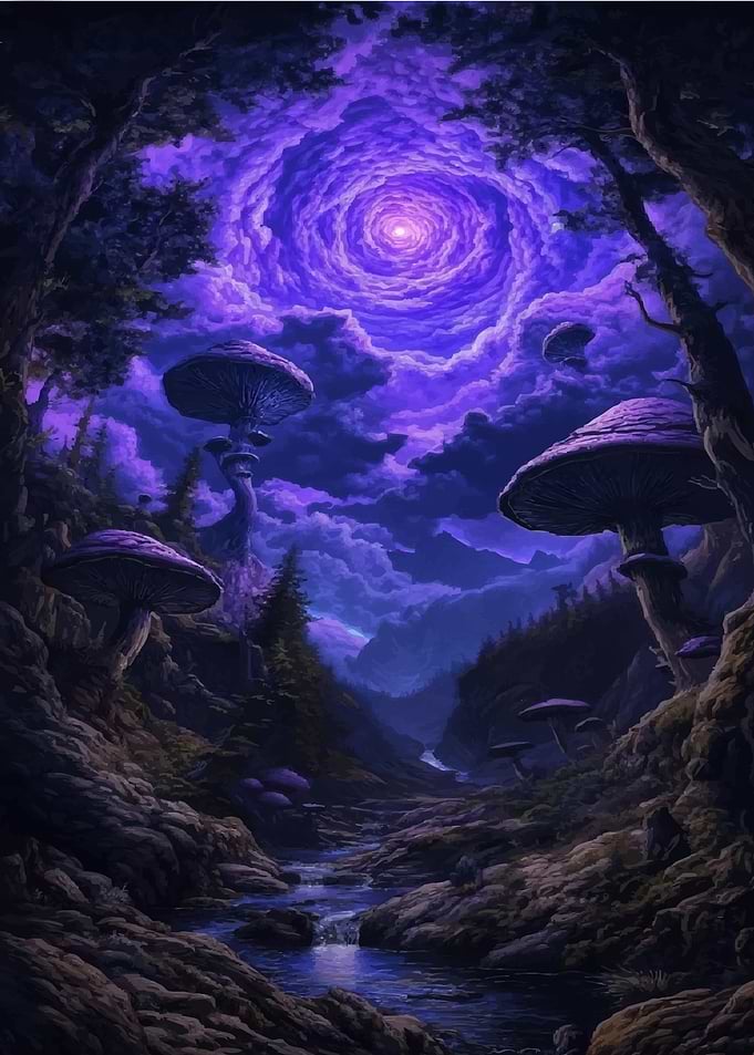 Mystical Mushroom Forest with Purple Sky