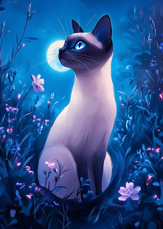 Siamese Cat in Moonlight Garden