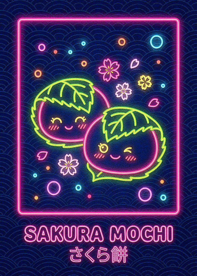 Sakura Mochi Neon Kawaii Illustration