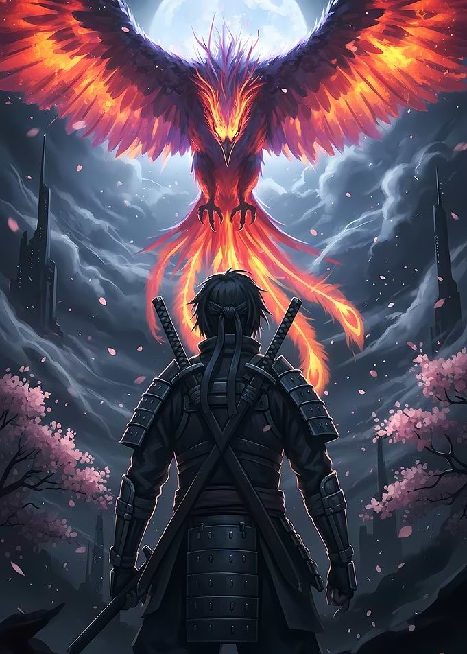 Samurai and Phoenix under the Moon