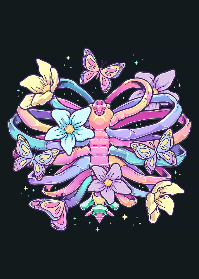 Pastel Ribcage with Flowers and Butterflies