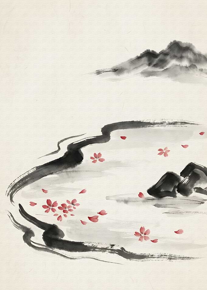 Japanese Ink Painting with Cherry Blossoms