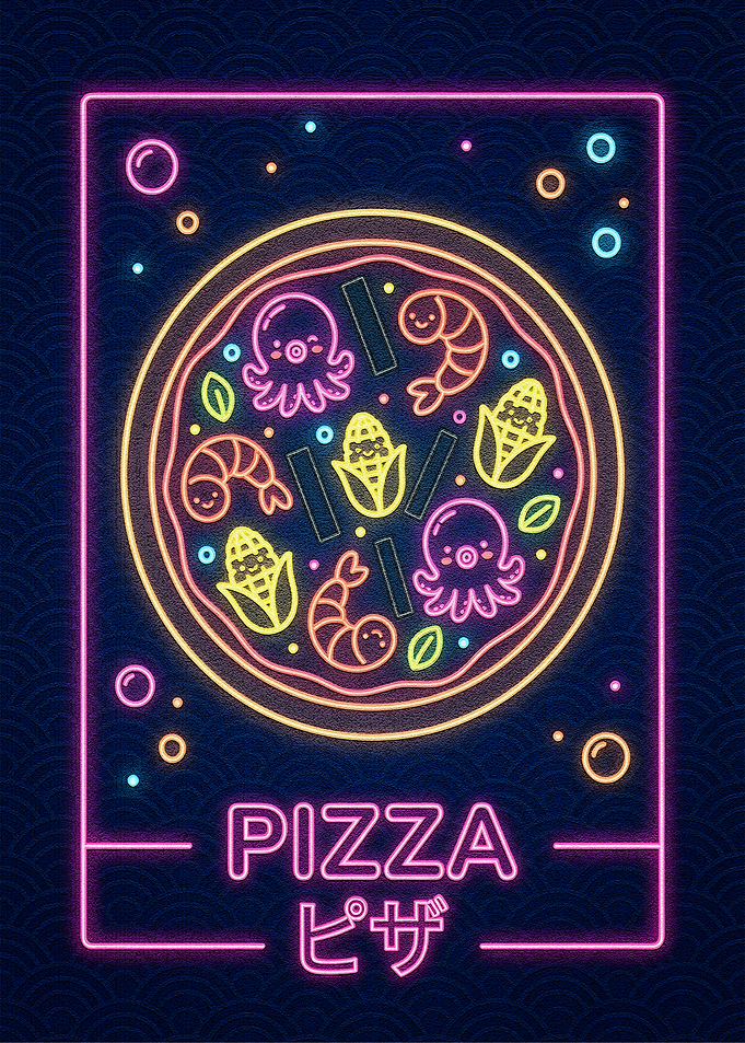 Neon Pizza with Seafood Toppings