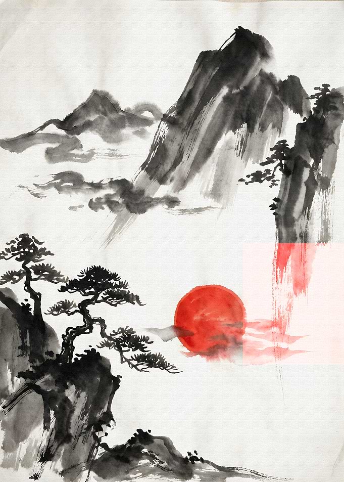 Ink Wash Painting: Mountain Sunset