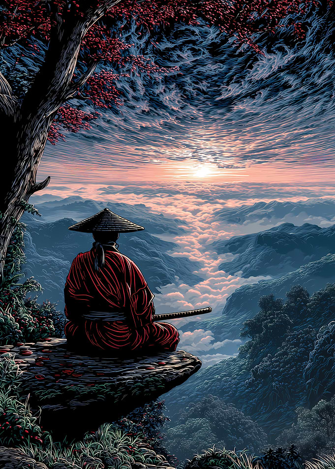 Samurai Contemplation at Mountain Sunrise