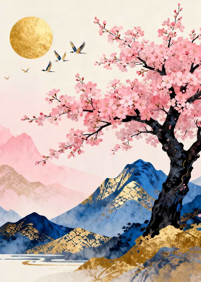 Cherry Blossom Tree with Mountain Landscape