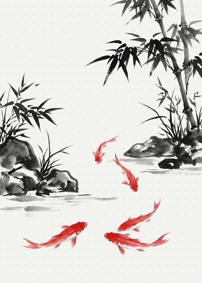 Koi Fish and Bamboo Ink Painting